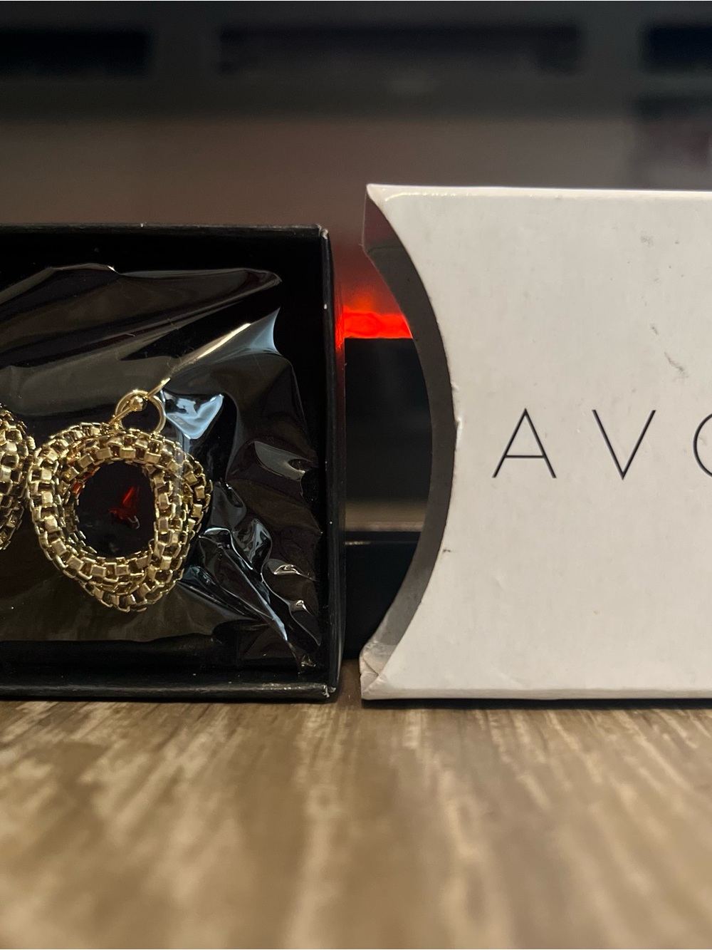 Avon Gold-Tone Earrings with Deep Red Gem